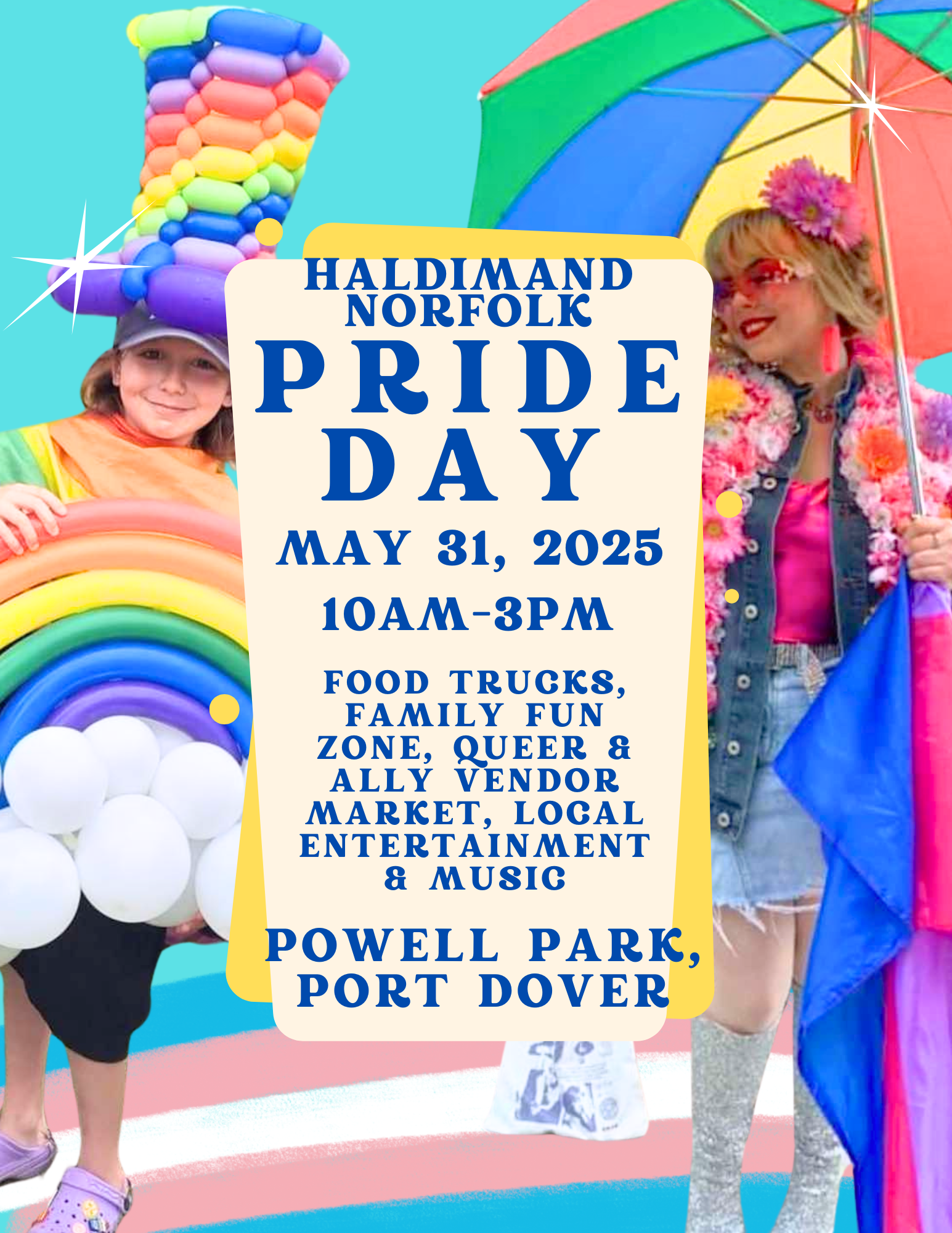 poster for pride day may 31 2025 with details and photos of two people in bright clothing